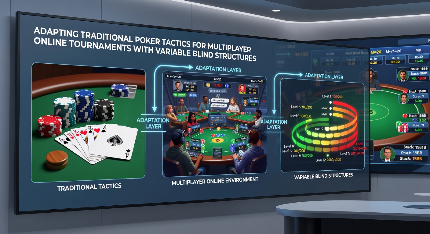 Online poker interface showing variable blind timer and stack depths in a multiplayer tournament