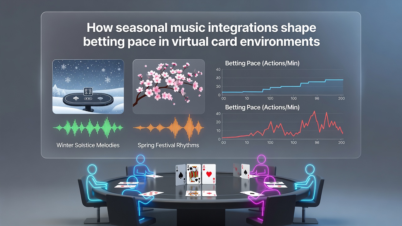 Summer playlist interface on a virtual poker table showing relaxed betting indicators and seasonal music selection menu