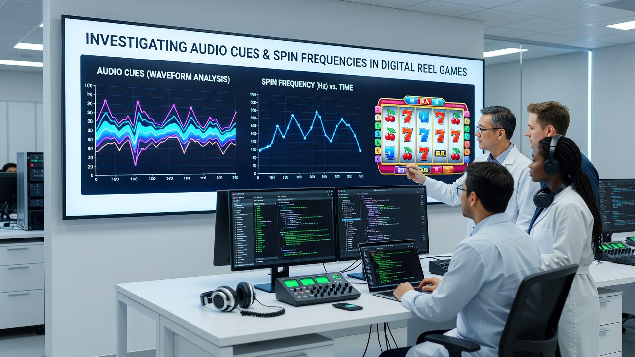 Close-up of digital reels with overlaid frequency spectrum analysis during active spins