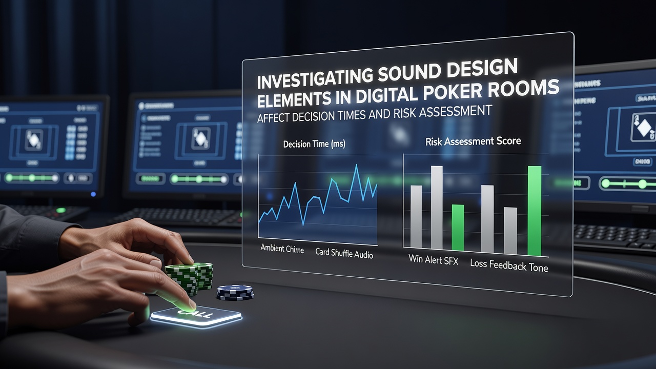 Digital poker interface showing sound controls and player decision metrics in a virtual casino environment