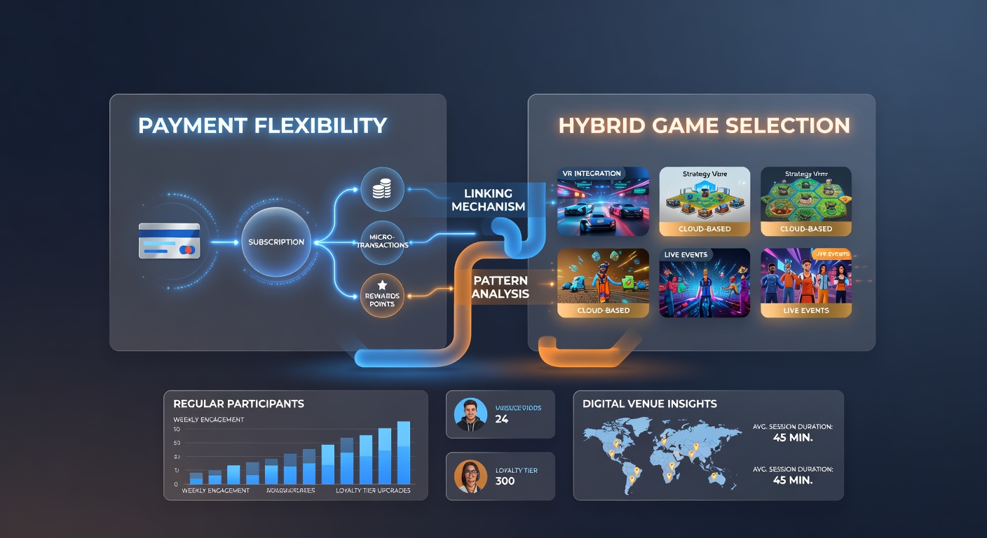 Digital entertainment venue interface showing flexible payment options alongside hybrid game selections
