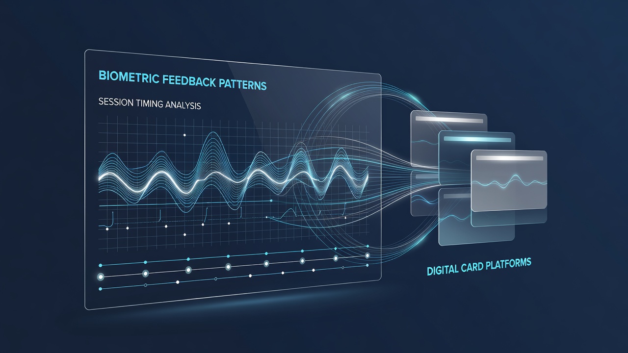 Biometric sensors integrated into digital card platform interfaces showing heart rate and skin response data overlays