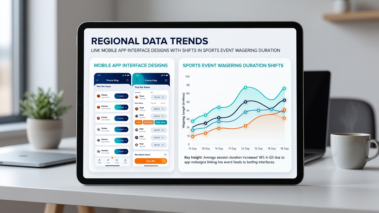 Data visualization charts showing correlations between mobile interface designs and sports wagering session durations in various regions