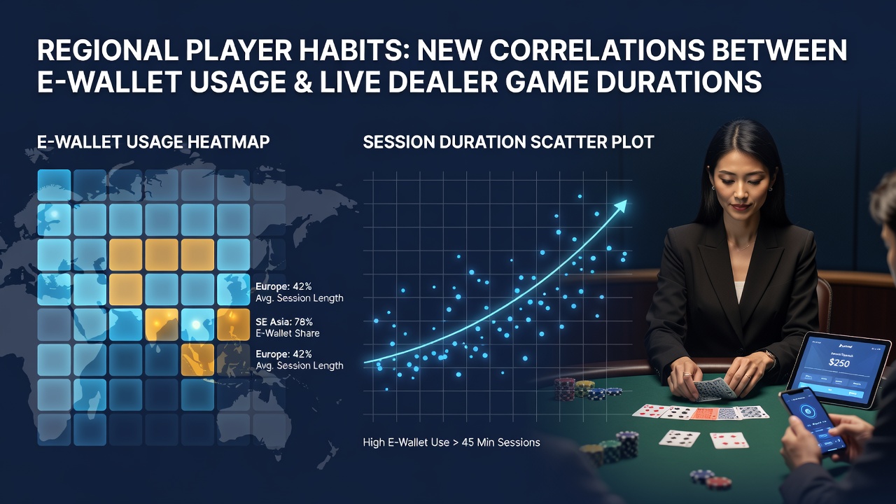 Regional analysis chart displaying e-wallet adoption rates alongside average live dealer session lengths across multiple gaming markets