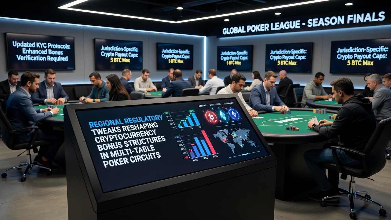 Poker players at multi-table events with digital screens showing updated bonus terms and regulatory notices